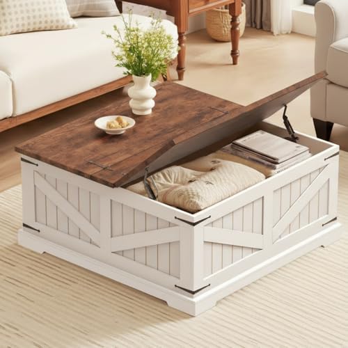 spanspace Farmhouse Coffee Table with Storage, 32" Square Wood Center Table with Dual Flip-Top Lids, Hidden Storage Compartment and Arc Base for Living Room
