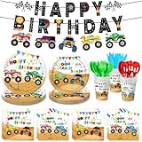 174 PCS Truck Birthday Decorations Truck Party Supplies Include Plates, Cups, Napkins, Cutlery, Banner, Hanging Swirls for Truck Party Decorations, Serves 24