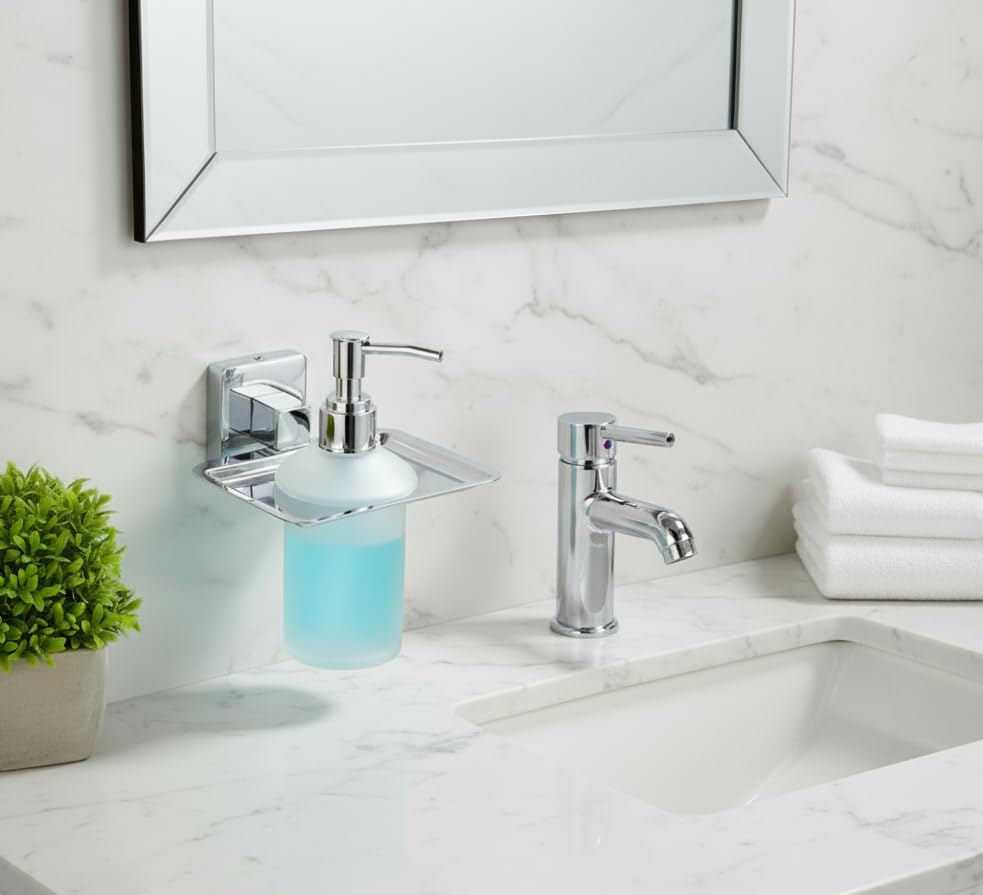 Image of Premium Wall-Mounted Stainless Steel Liquid Soap Dispenser with Frosted Glass Bottle & Heavy-Duty Steel Holder | Rust-Proof Bathroom Soap Dispenser for Home, Wash Basin & Kitchen