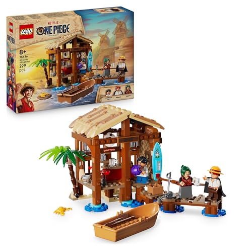 LEGO One Piece Cabaña del Pueblo Molino - Barco de Juguete - Minifiguras de Joven Luffy, Shanks y Makino - Accesorios Inc. Póster de Se Busca - Decoración Anime - Regalo para Niños de 8+ Años 75636