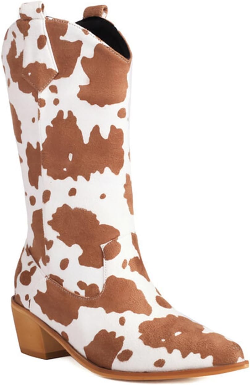 Cowboy Boots for Women Mid Calf Cowgirl Western Boots Cow Print Pointed Toe Chunky Heel Shoes US4-11