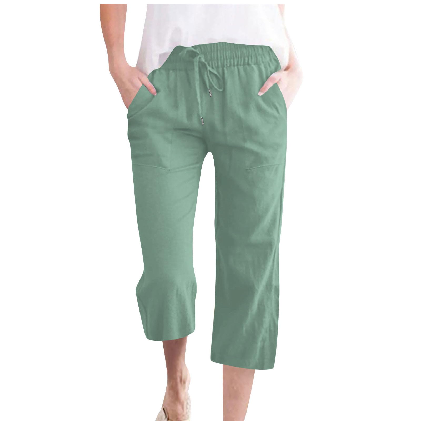 Leinenhose Damen Sommer 3/4,Baumwolle Leinen Stoffhose Leicht Atmungsaktiv Yogahose Einfarbig Lässig Caprihose Weites Bein Hosen mit Taschen Elastische Bequeme Sommerhose Weich Sporthose für Frauen