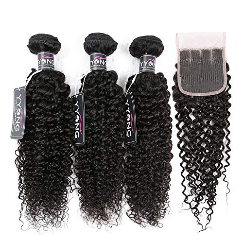 YYONG Brazilian Curly Hair Bundles with Closure Kinky Curly Virgin Extensions 3 Bundles of Brazilian Hair and Closure Curly Weave Human Hair Bundles with Lace Closure 20 22 24 & 18