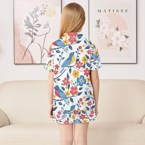ALAZA Abstract Bird Flower Floral Pajamas Satin Pajama Set Short Sleeve Button Down Sleepwear4