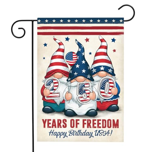 Gnome 250 Years America Patriotic Garden Flag - Independence Memorial Day Decorations Funny 250 Year American Anniversary Flag USA Birthday Freedom Yard Sign 1776-2026 USA 4th of July Garden Flag for Outside