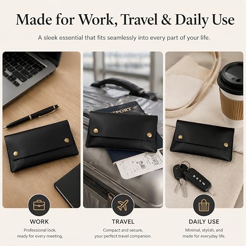 Image of Leather Currency Pouch - Handmade Cash Organizer with Double Button Closure & Zipper Pocket, Compact Money Holder for Travel & Everyday Use, 4 x 8 Inch (Black)
