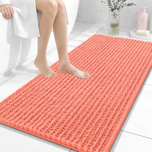 Image of OLANLY Long Bathroom Rugs Runner 47x24, Thick Soft and Absorbent Chenille Bath Mat, Non-Slip, Machine Washable Quick Dry Bath Rugs for Tub Shower Floor, Home Decor Accessories, Coral