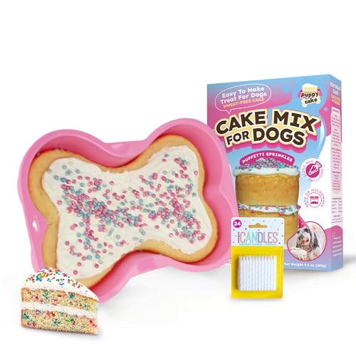 Puppy Cake Mix Dog Birthday Cake Kit, with Bone Silicone Pan and Candles (Birthday Cake, Pink) Made in USA