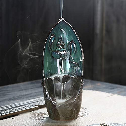 Tongyou Ceramic Waterfall Backflow Incense Burner Incenser Holder Home Decor Aromatherapy Ornament+ 10 Cone Incense Free (Blue Style 3)