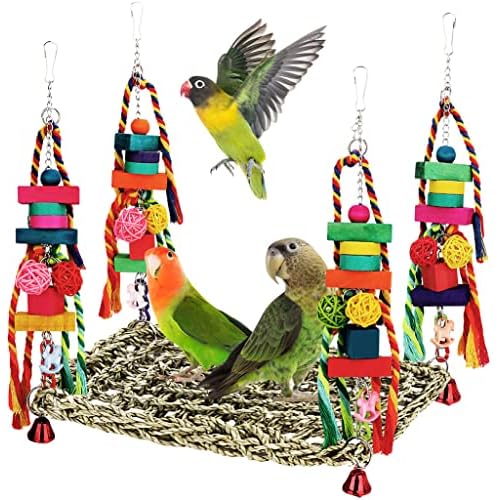 Bird Toys Parakeet Toys Conure Toys Bird Foraging Wall Toy,Seagrass Woven Hammock Swing Mat for Climb Perch Swing with Colorful Wooden Chewing Toys for Lovebirds,Parakeets,Conure,Cockatiel (Large)