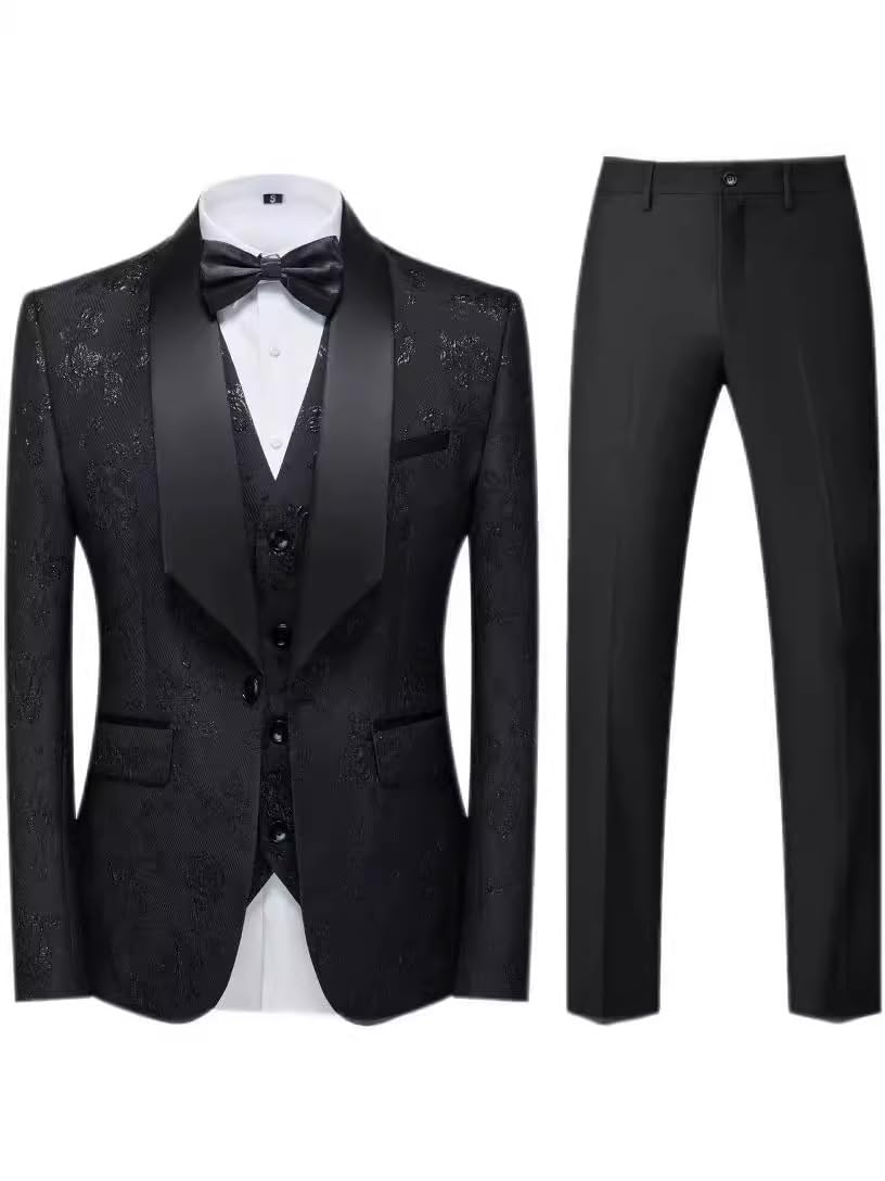 Męski 3-częściowy komplet garnituru Slim Fit z kołnierzem szalowym, żakardowa kamizelka i spodnie na wesele i do biznesu