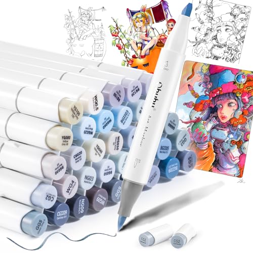 Amazon | Ohuhu イラストマーカー 筆タイプ 36色 プロ愛用 グレー系 筆