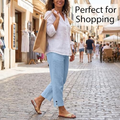 Image of Linen Pants Women 2026 Summer Beach Vacation Trousers Elastic Waist Linen Capris Pants Boho Casual Travel Pant
