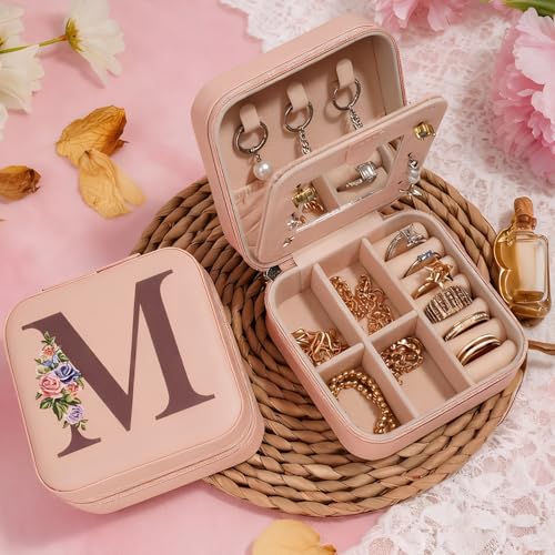 Norhogo Portagioie con Lettera Iniziale M, portagioielli da viaggio, portagioie donna da viaggio, Scatola Portagioie da Viaggio con Specchio, porta gioie da viaggio, Mini Porta Gioielli Donna
