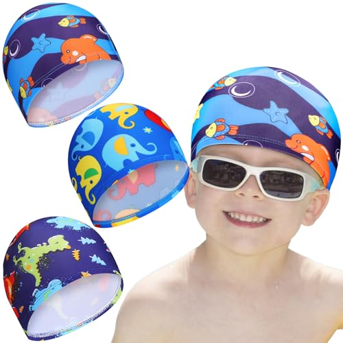 Kids Swim Caps 3 Pieces Bathing Swimming Hats Unisex Polyester Bathing Pool Cap Summer Swim Caps for Boys Girls Long Short Hair