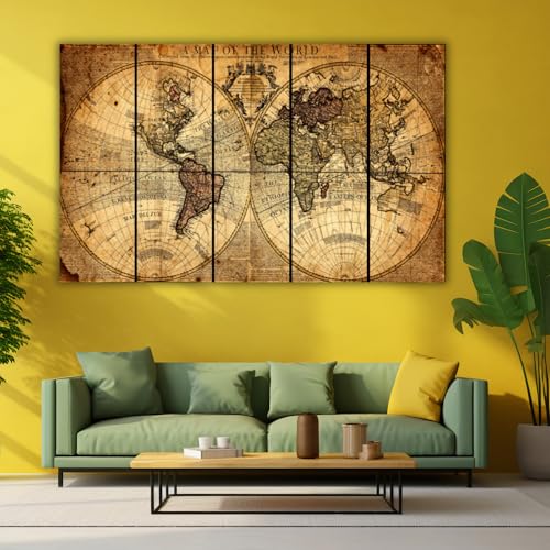 Image of NobleDecor Vintage World Map Wall Art, 5 Panel Canvas Print, Antique Globe Design, Rustic Home Decor (36x60)