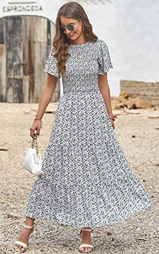 Image of PRETTYGARDEN Women's 2026 Summer Casual Flutter Short Sleeve Boho Floral Maxi Dress Crew Neck Smocked Tiered Long Dresses
