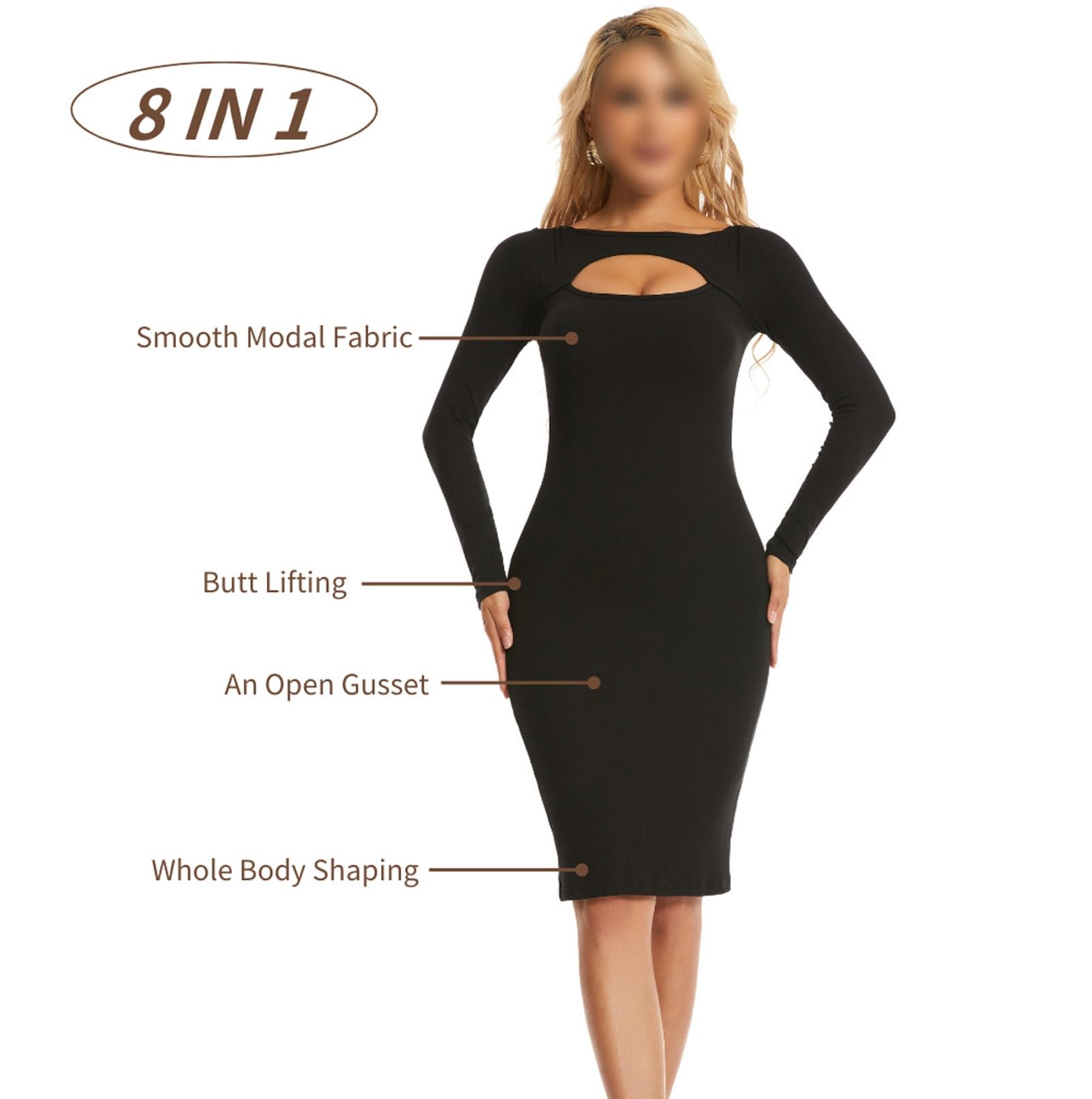 HLTYGWX Vestido Lencero Moldeador de Mujer Vestido de Manga Larga Vestido Largo con Control de Barriga