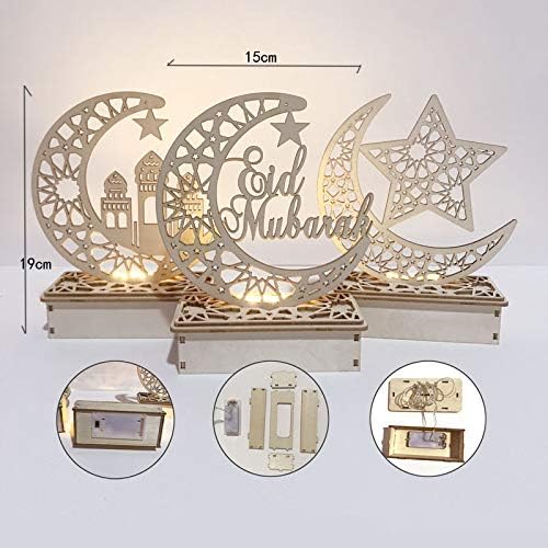 Κεριά LED με ξύλινο μενταγιόν Eid Mubarak Star and Moon Light για μουσουλμανικό ισλαμικό φεστιβάλ Μουμπάρακ διακόσμηση γάμου_voghion.com