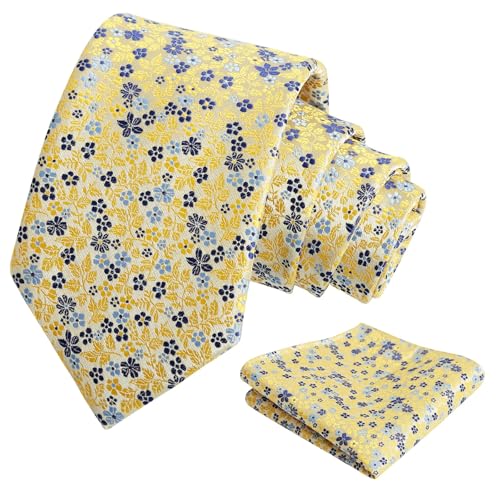 Alizeal Mens 3.15inches Exquisite Floral Tie with Small Flower Printed Pocket Square Yellow+Navy