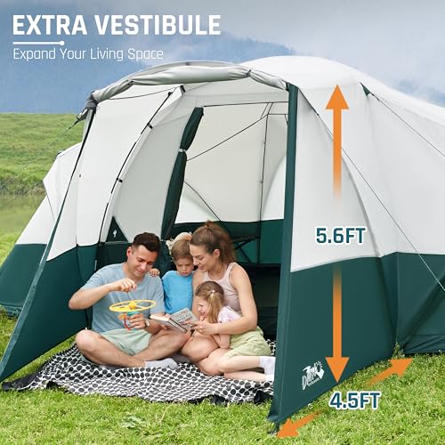 Image of 8 /10 /11 Person Camping Tent with Porch, Large Family Tents for Camping, PU1000MM Waterproof Tent with 5 Mesh Windows, Removable Rainfly, Reflective Windproof Rope, Big Dome Tent Fits 3 Queen Airbeds
