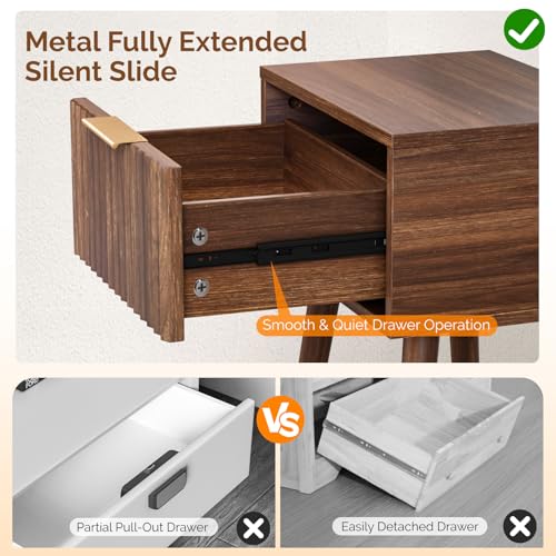 Image of VINGLI Night Stand Set 2, Fluted Nightstands with Drawer, Mid Century Modern Nightstands Set of 2, Bedside Table, End Table, Wood Nightstand for Bedroom, Walnut, 15.75 inch W*11.81 inch D*21.85 inch H