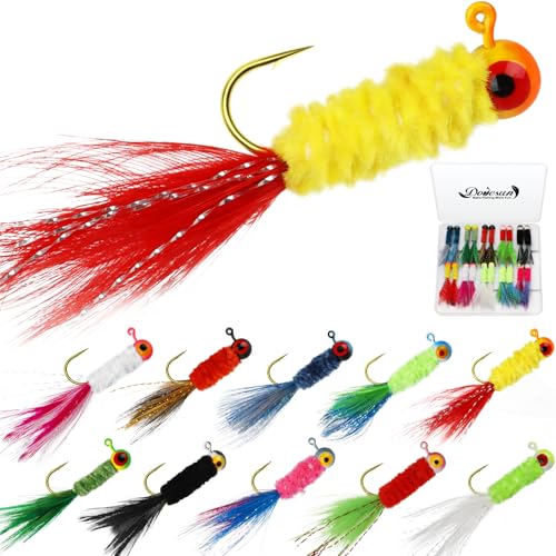 Dovesun Crappie Jigs Jig Heads with Feather Hand-Tied Marabou Jigs 20pcs Ice | Fly Fishing Lures 10 Colors 1/8oz Fishing Hair Jigs for Panfish Sunfish Walleye