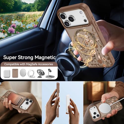 Image of DOMAVER for iPhone 17 Pro Max Case, Magnetic Phone Case for iPhone 17 Pro Max [Compatible with MagSafe] Slim Fit Flowers Floral Design Shockproof Protective Bumper Women Men Girls Boys Cover- Brown