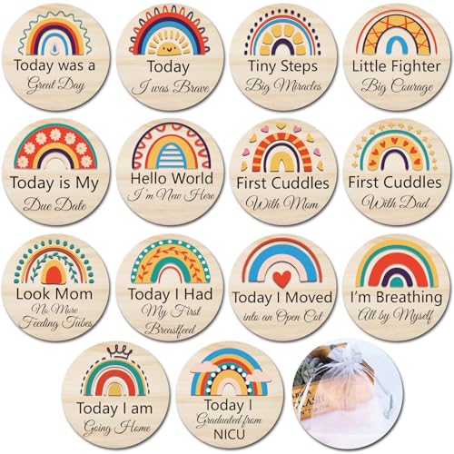 Image of NICU Milestone Cards Sign - Reversible Hospital to Home Journal Gift | 14 Designs Rainbow NICU Milestones Wooden Photo Props for Preemies, Celebrate NICU Baby's Special Milestone Moments
