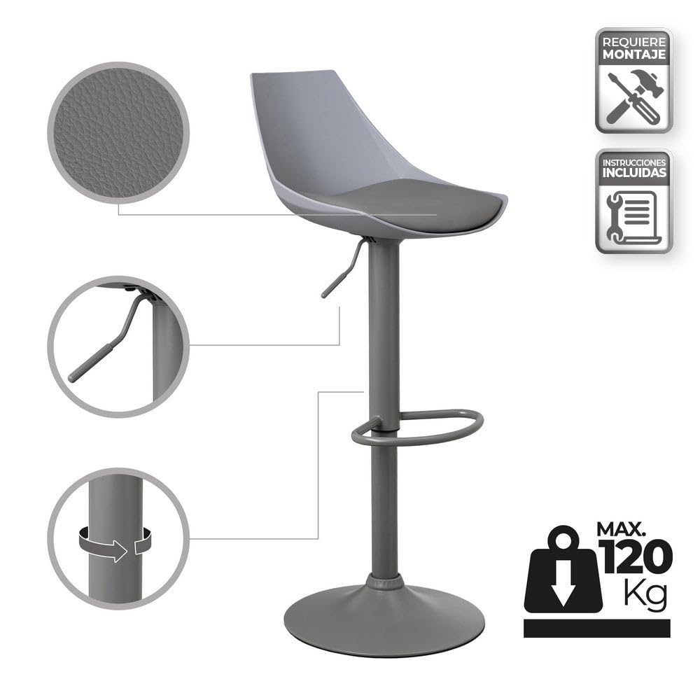 LOLAhome Taburete Alto de Cocina Regulable en Altura Gris con Respaldo Alto | Asiento acolchado y tapizado en poliel. Respaldo alto rígido. Altura ajustable de 83 a 104 cm. Resiste hasta 120 kg