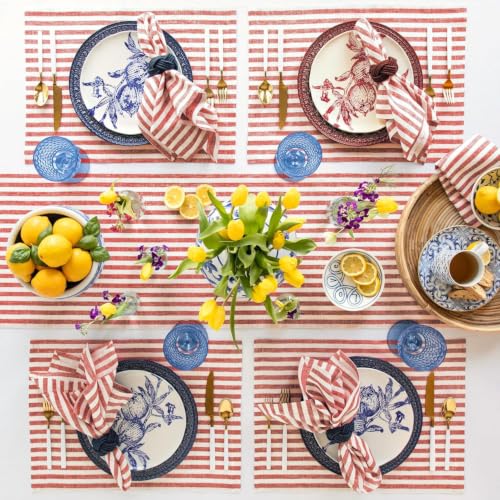 Image of Glus Fabric by The Metre-Mercerised Dyed Cotton for Embroidery-Cross Stitch-Bed Covers-Curtains-Cushion Covers-Table Cloth-Chair Upholstery-Sofa Cover (Red Stripe, 100 cm X144 cm)