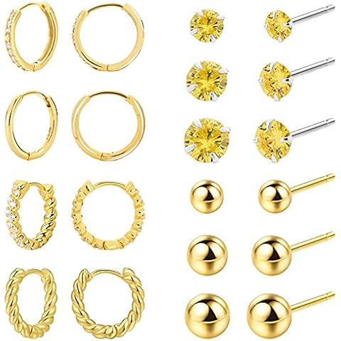 NEWITIN 9 Pairs 14K Gold Plated Earrings Y2K Geometric Earrings Chunky Hoop Earrings Hypoallergenic Earrings Open Twisted Huggie Earrings Hoop Earrings for Women and Men, Metal, Cubic Zirconia Cover