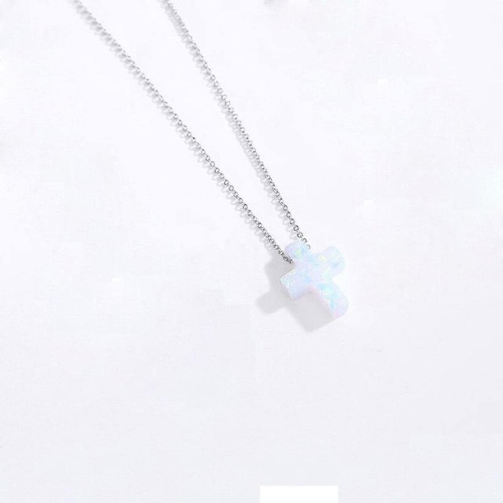 Bioliving Women's White Cable Chain New Cross Opal Necklace Genuine 925 Sterling Silver Blue Stone Cross Charm Opal Necklace Rosary