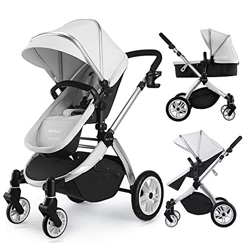 Infant Bassinet Hot Mom 2 in 1 Toddler Stroller Seat and Bassinet Combo,New PU Rubber Wheel,Anti-UV Canopy,Foot Cover with 8 Gifts,Good Quality,Grey