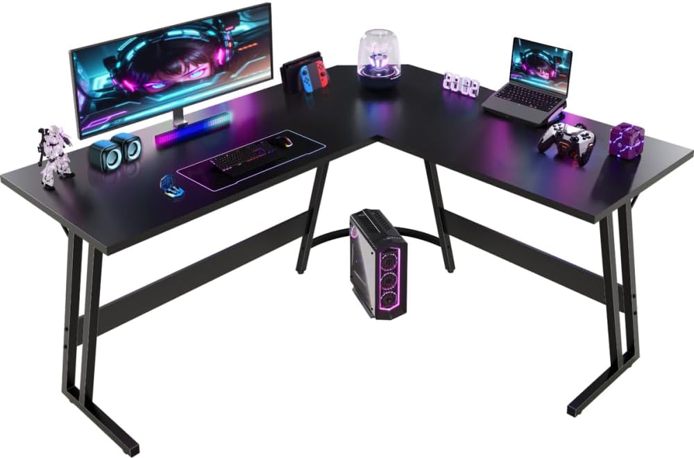Devoko L Shaped Gaming Desk 150x130x75cm With Removable Monitor Stand, Corner Computer Desk Large PC Writing Table for Home and Office,Easy to Assemble, Black Frosted