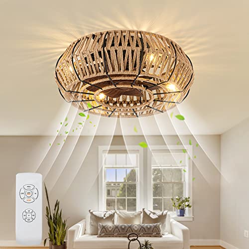 TSMKLEDAN 20" Woven Caged Ceiling Fans with Lights and Remote, Low Profile Bladeless Flush Mount Ceiling Fan, Enclosed Boho Ceiling Fan Light for Living Room, Bedroom, 4 Bulbs