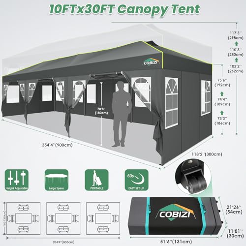 Image of COBIZI 10x30 Pop Up Canopy Tent with 8 Removable Sidewalls, Outdoor, Gray