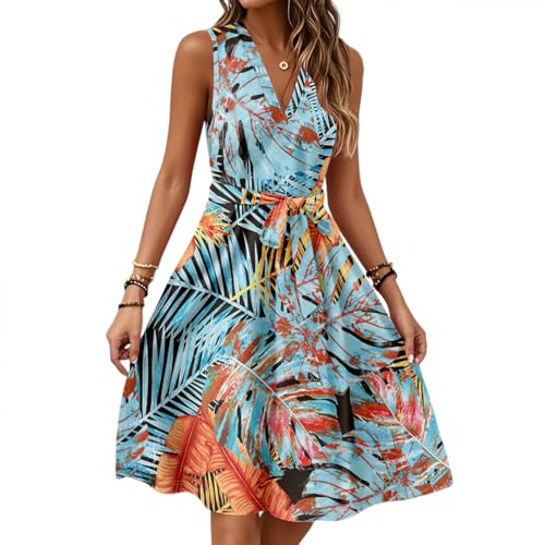Festliches Kleid Damen Elegant Festlich Leoparden Sommerkleid Maxi Boho Leinenkleid Grün Lang Rückenfrei Türkis S