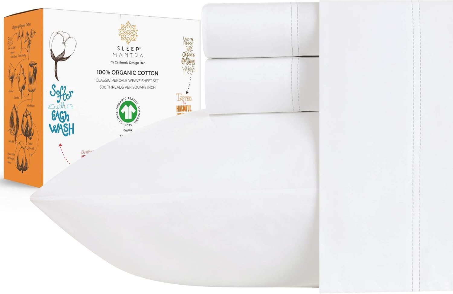 Sleep Mantra Premium 100% Organic Cotton Twin Bed Sheet Set - Soft & Cooling Percale Weave - 4 Piece Bedding Set with Deep Pocket - GOTS Certified - Breathable & Eco-Friendly (Twin, White)