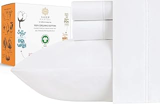 Sleep Mantra Premium 100% Organic Cotton Queen Bed Sheet Set - Soft & Cooling Percale Weave - 4 Piece Bedding Set with Deep Pocket - GOTS Certified - Breathable & Eco-Friendly (Queen, White)