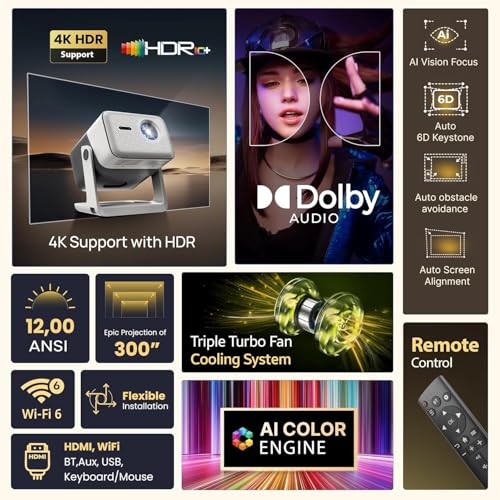 Image of Crossbeats Lumex Vista Projector 4K Ultra HD [Dolby Audio Official] Android TV, 1080p Native, 1200 ANSI, 300'' Display, WiFi, Smart Mini Projector for Room, Portable Home Theater Cinema, Built-in Apps