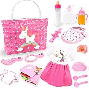 BNUZEIYI Baby Doll Accessories -Baby Doll Feeding and Caring Set with Diaper Bag Bottles for Girls Toys Gift, Stuff Doll Clothes fit 14-16 Inch Doll and 18 Inch Doll