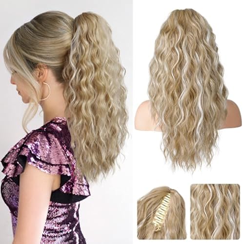 REECHO Ponytail Extension, 18 Inch Curly Claw Pony Tails Hair Extensions Clip in Ponytail Hair Extensions Natural Synthetic Hairpiece for Women Everyday Wear - Ash Blonde with Highlights