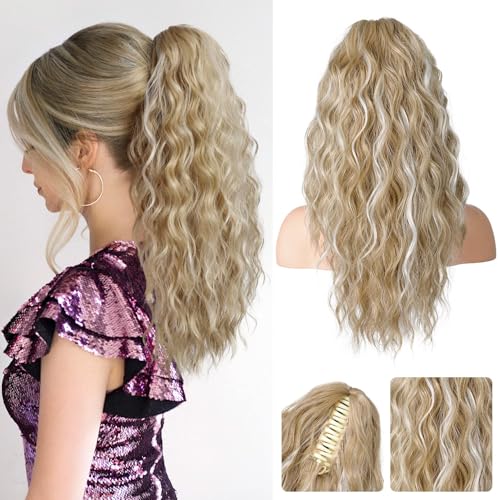 REECHO Ponytail Extension, 18 Inch Curly Claw Pony Tails Hair Extensions Clip in Ponytail Hair Extensions Natural Synthetic Hairpiece for Women Everyday Wear - Ash Blonde with Highlights