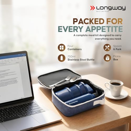 Image of LONGWAY Kivo Lunch Box with 3 Containers, 750ml Stainless Steel Bottle & Insulated Bag | Microwave Safe Food-Grade Containers (290ml, 400ml & 600ml) | Cutlery & Pickle Box | Indigo
