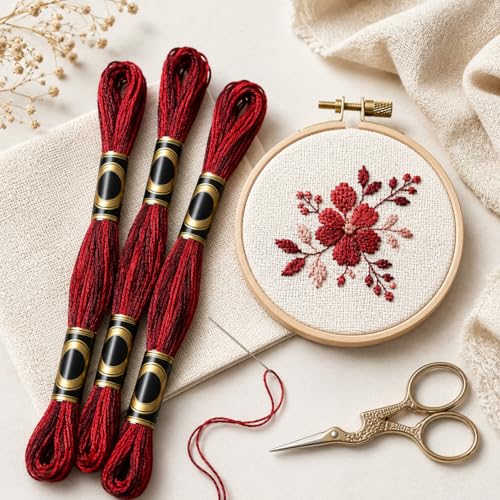 Image of FASHEWELRY 10 Skeins Dark Red Embroidery Floss Friendship Bracelet String Threads 6-Ply 0.5mm Cross Stitch Embroidery Thread for Sewing Bracelet Making Stitching Crafts