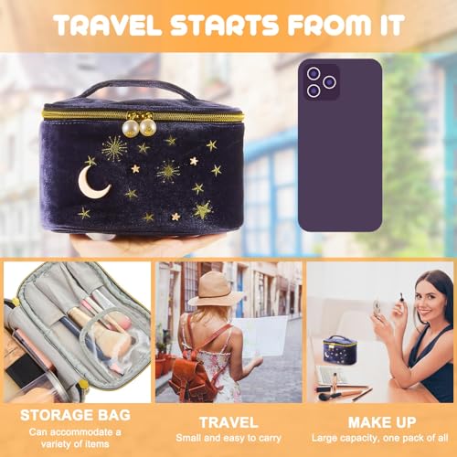 Patelai 2 Pcs Velvet Stars Makeup Bag Cosmetic Bag Handy Travel Starry Makeup Pouch Portable Embroidered Pouch Toiletry Wash Bag Cute Storage Bag Clutch Handbags(Navy,Sun Moon)4