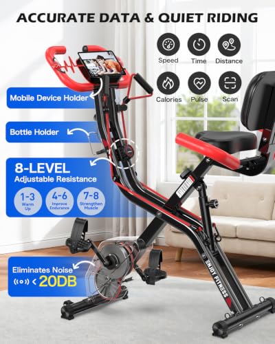 Image of pooboo Folding Exercise Bike, Foldable Upright Stationary Bike, Indoor Cycling Magnetic X-Bike with 8-Level Adjustable Resistance, 6.6 LBS Flywheel, 300LB Capacity, Back Support Cushion for Home Gym