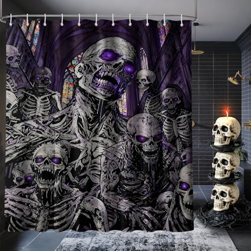 puuiui Skull Shower Curtain Dark Gothic Horror Spooky Goth Shower Curtains for Mens Bathroom Decor Sets, Waterproof Cloth Fabric with Hooks, 70x96 Inch