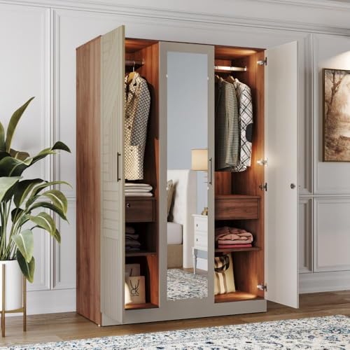Image of Wakefit Wardrobe for Bedroom | 3 Yr Warranty | Cupboard for Bedroom, Almirah, Wooden Wardrobe, Comes with LED light, Storage Drawer, Mirror & Hanger, Density:680-750kg /m, Free Installation(Tyrian-CB)